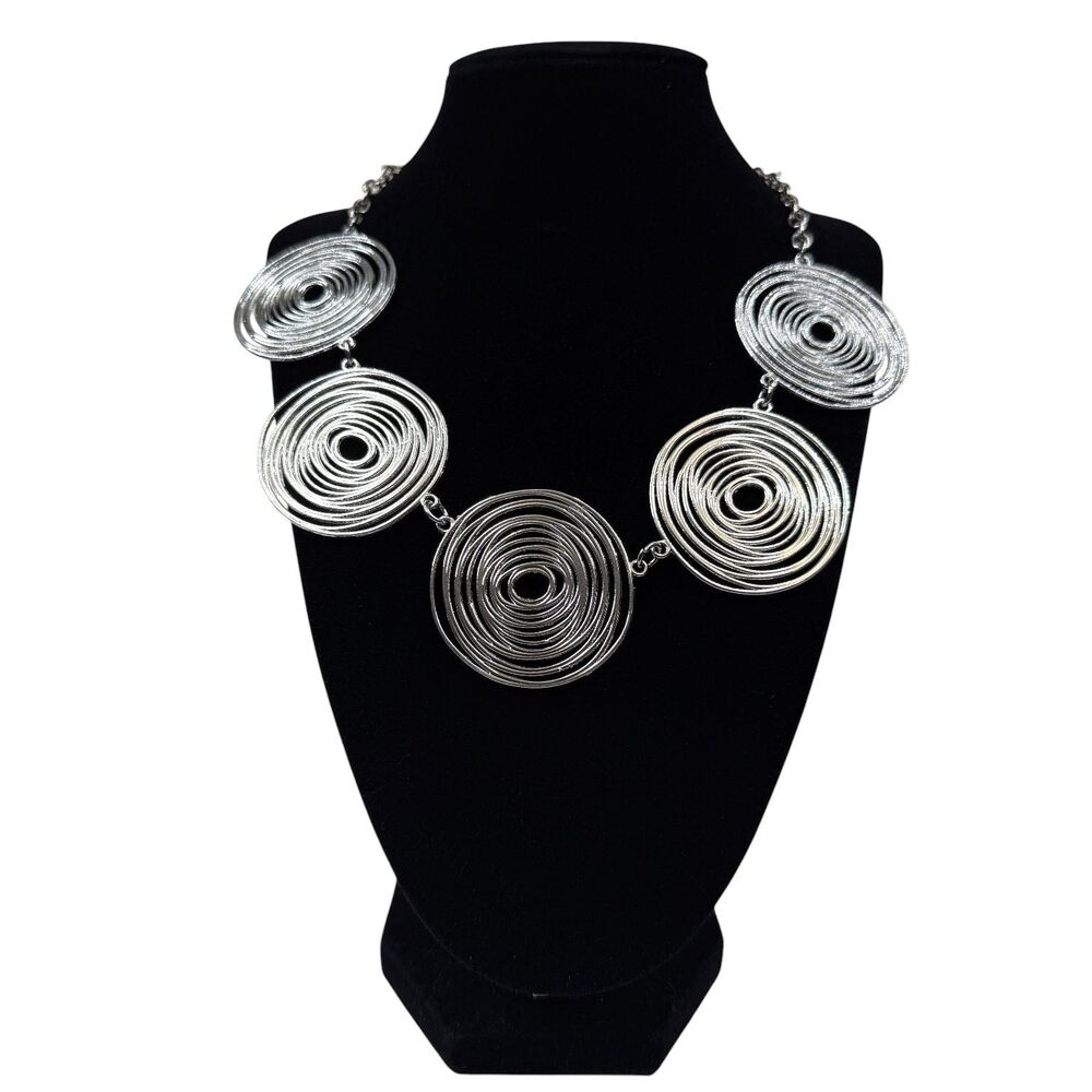 Modern Statement Silver Tone Spiral Circle Bib Necklace Fashion Jewelry 20"